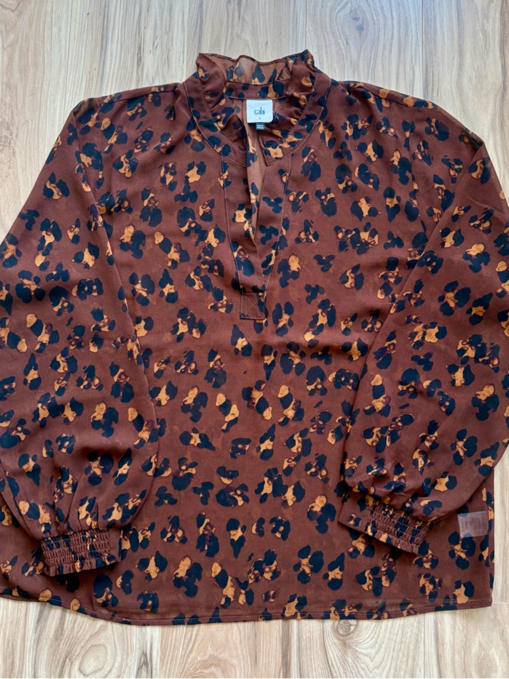CAbi Brown & Black  Ruffle-Neck Blouse